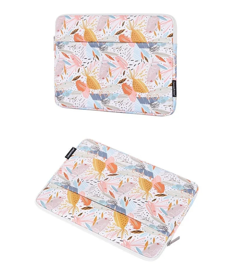 White PU leather waterproof laptop inner bag showing multiple size options from 11 to 15 inches