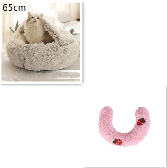 2 in 1 round plush pet bed with PP cotton filling for dogs and cats, available in brown, 65cm size