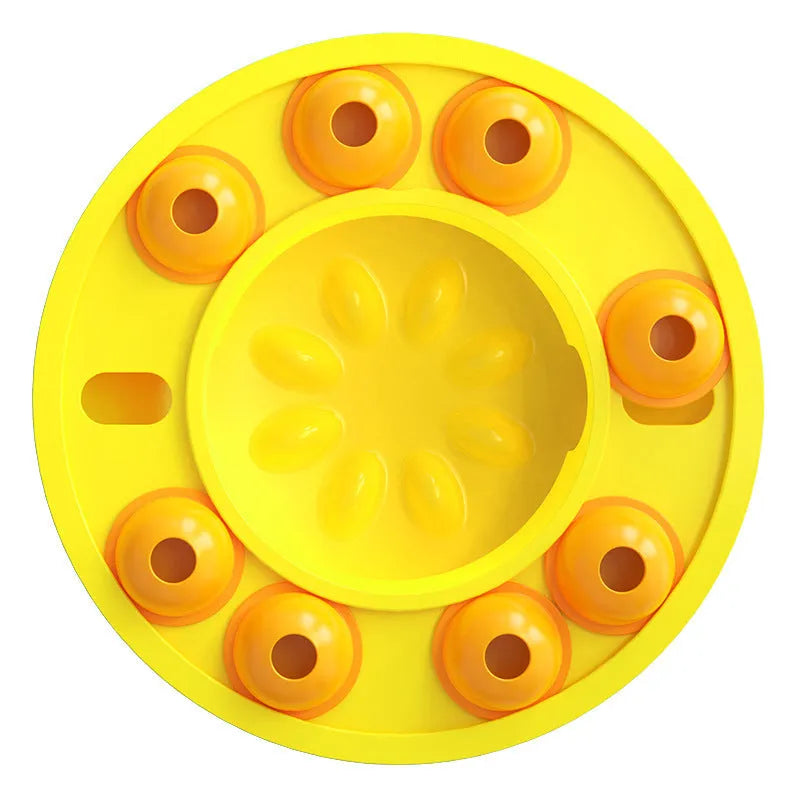 Green plastic interactive dog puzzle toy slow feeder bowl with non-slip base and food turntable.