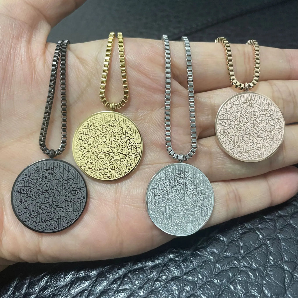 Polished stainless steel Arabic disc necklace and bracelet set in gold finish on white background