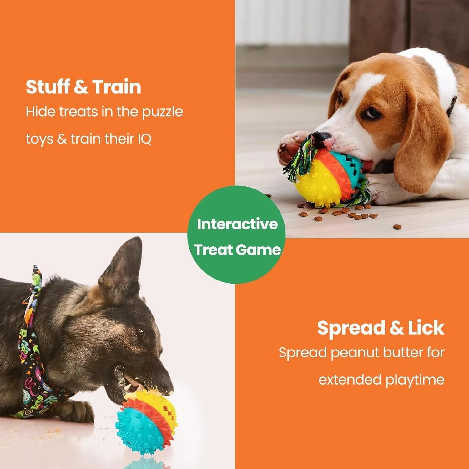 Blue and red TPR rubber dog chew toy with treat dispenser hole and squeaker for aggressive chewers