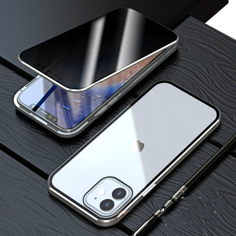 Magnetic privacy glass iPhone case showing anti-spy feature and metal frame with tempered glass back