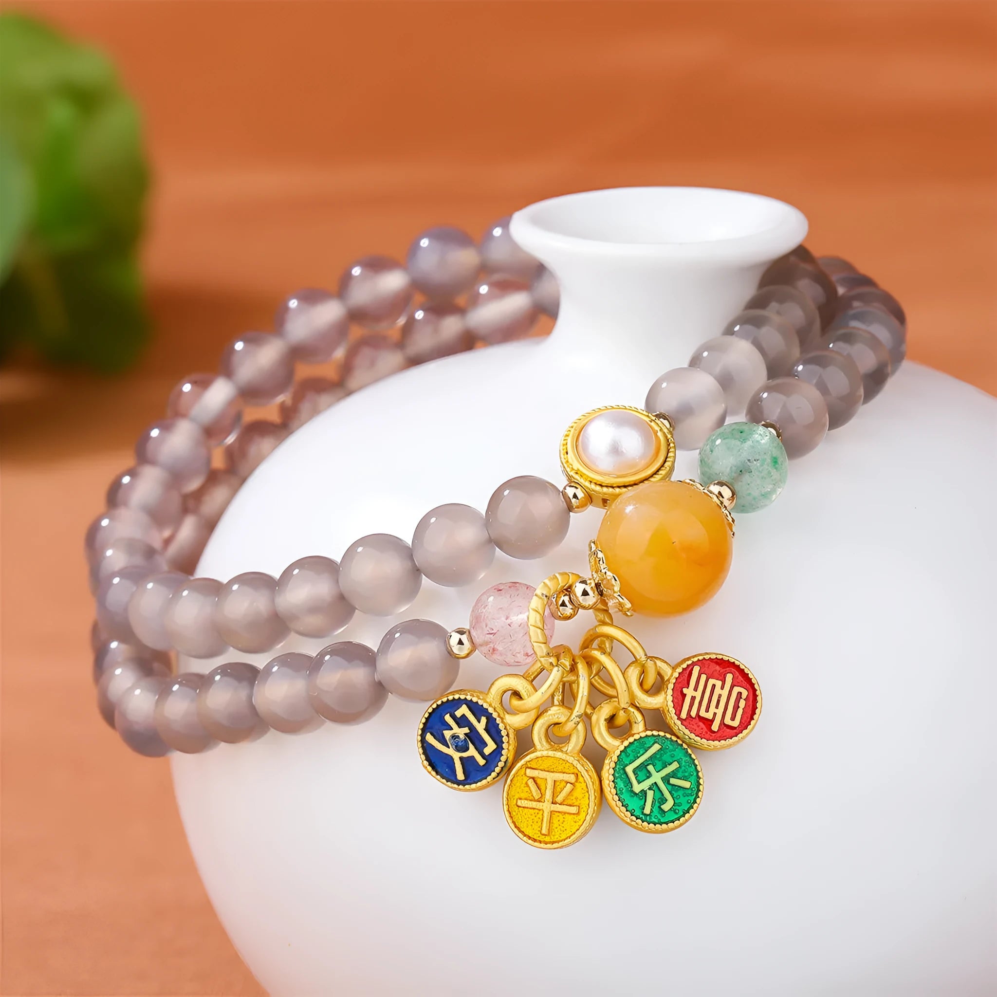 Natural gray agate bracelet with two-circle design on wrist