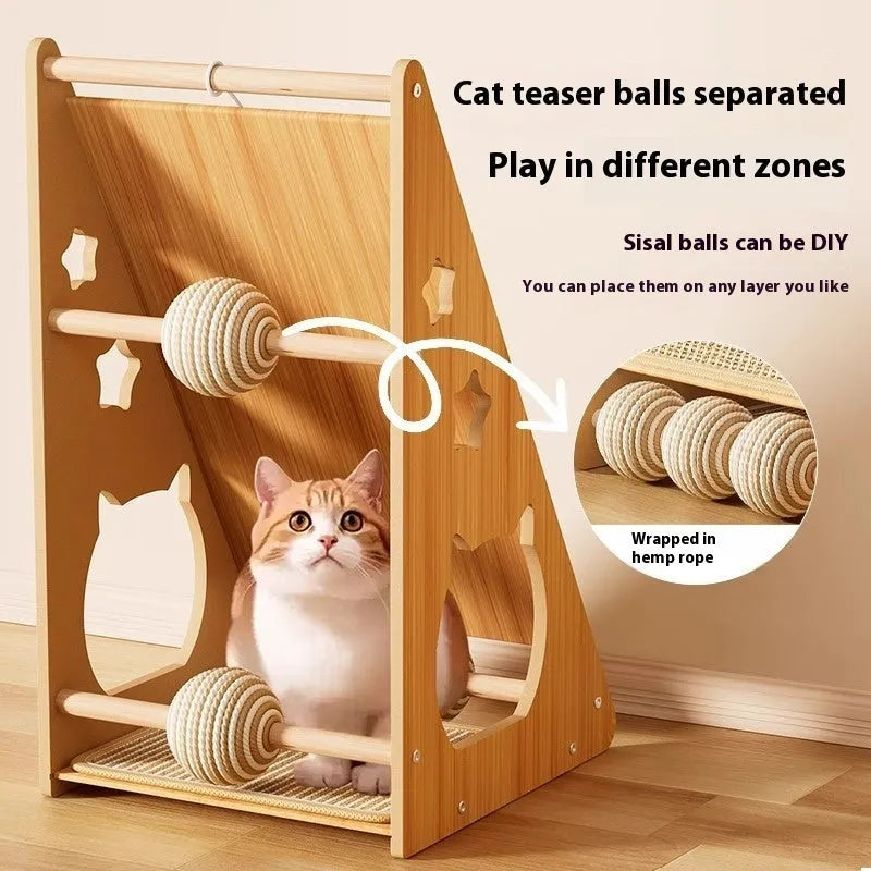 Vertical wall-mounted cat scratch board with sisal surface and hemp rope toys
