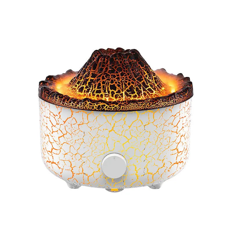 Column-shaped volcano humidifier diffuser emitting coloured mist and LED light flame effect.