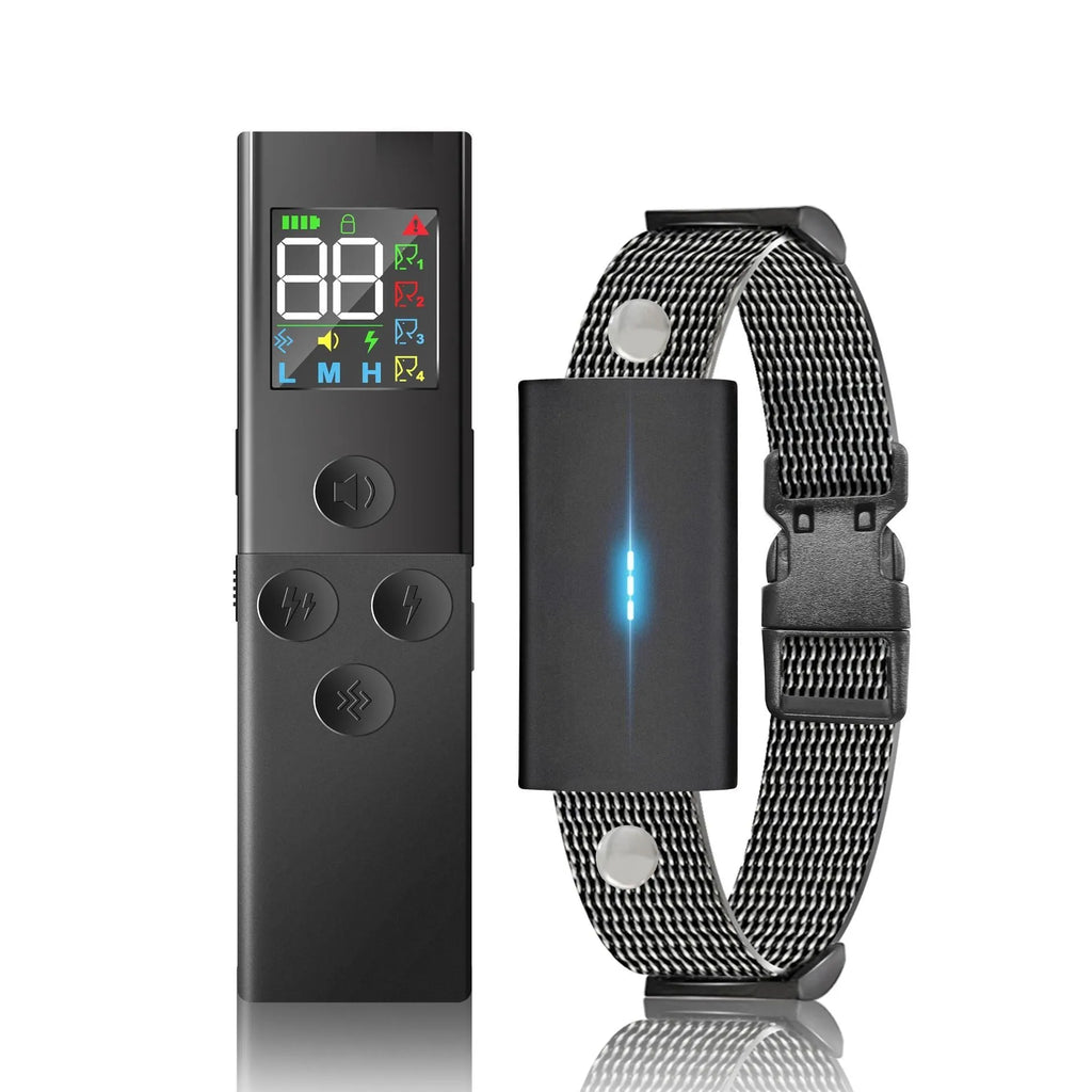 Wireless bark stopper dog training system with remote control and receiver collar, featuring colour screen display