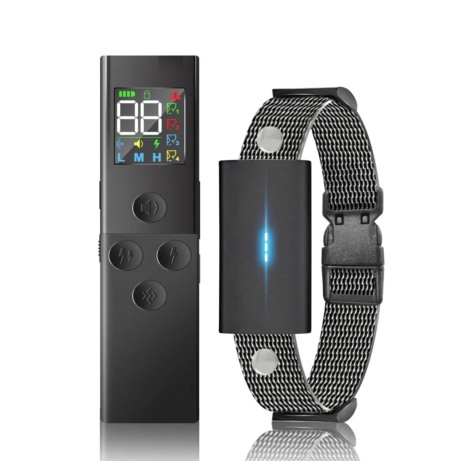 Wireless bark stopper dog training system with remote control and receiver collar, featuring colour screen display