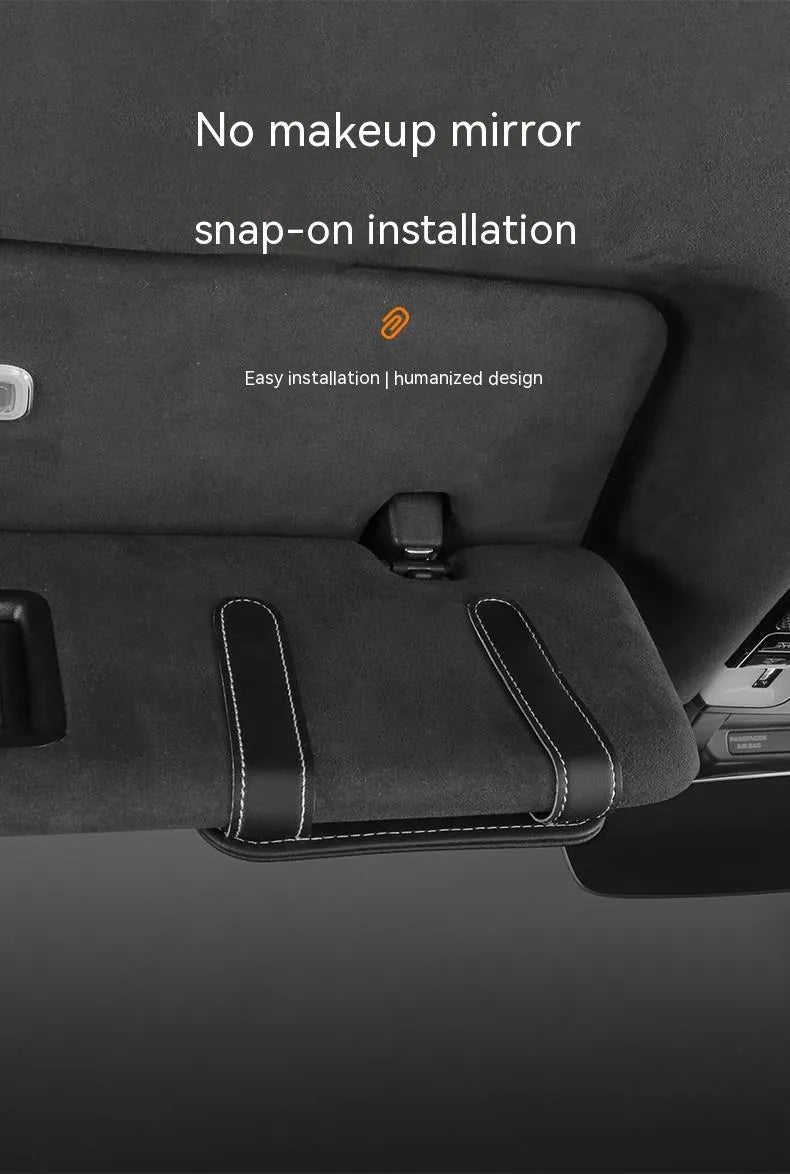 Genuine cowhide leather car sun visor holder with metal sunglasses clip and card storage slots.
