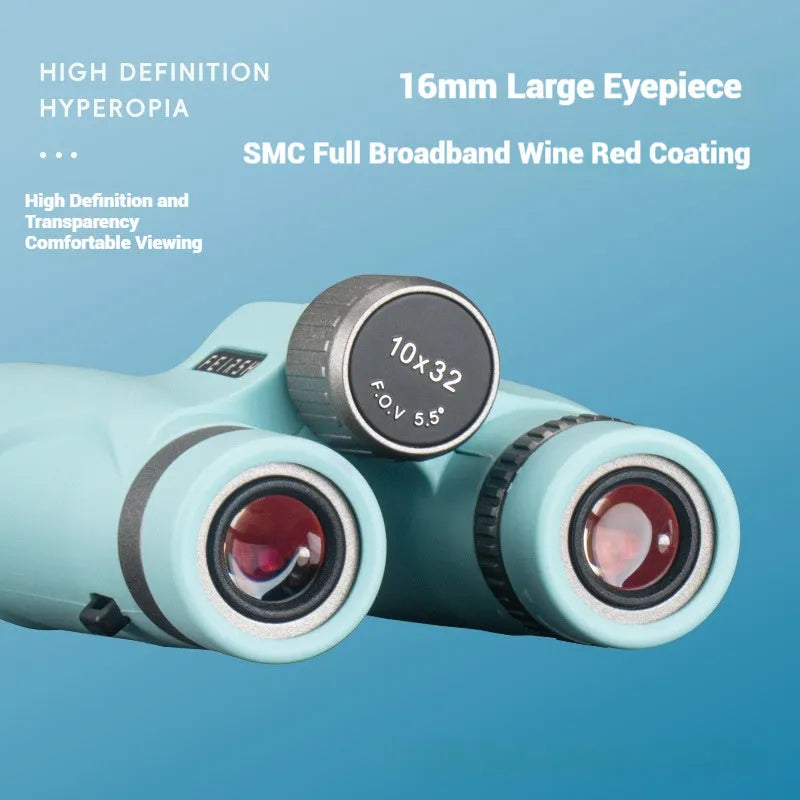 Blue 10x32 plastic binoculars with wine red film lenses showing 96m field of view specification.