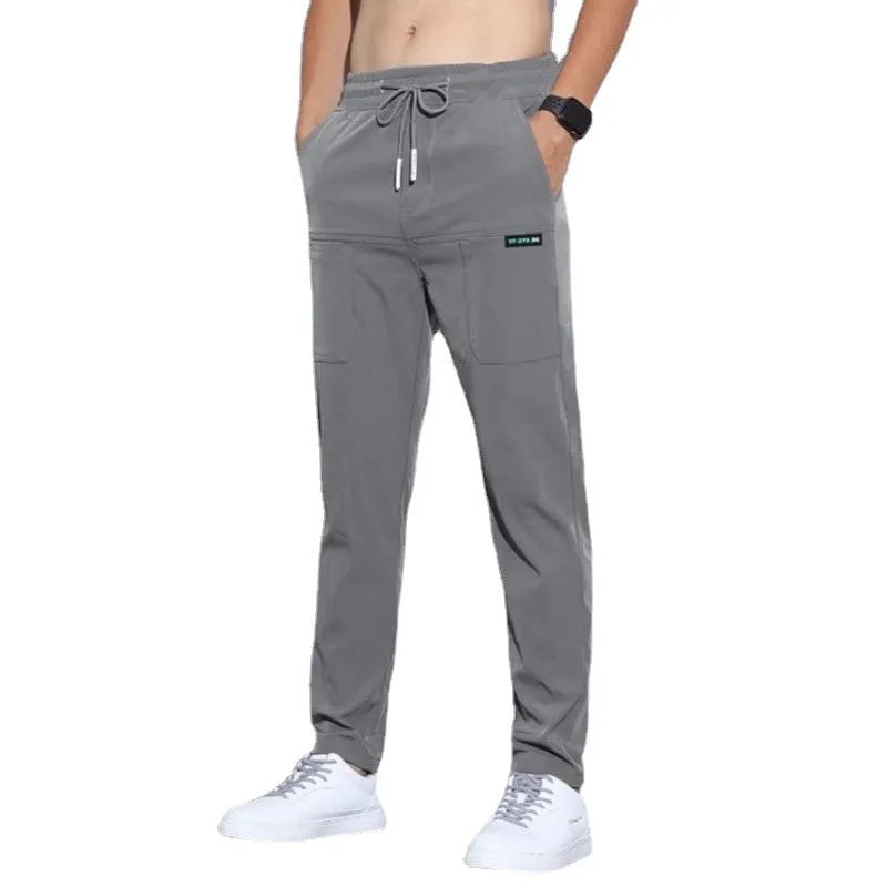 Ice silk casual men's elastic large business pants straight tube high waist solid colour polyester fabric in black, dark grey, light grey