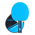 Blue, green, and pink professional table tennis rackets with long shakehand handles and matching carry bags.