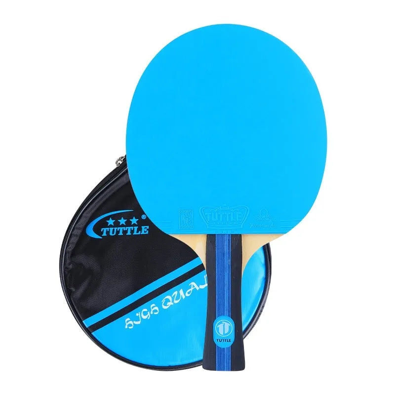 Blue, green, and pink professional table tennis rackets with long shakehand handles and matching carry bags.