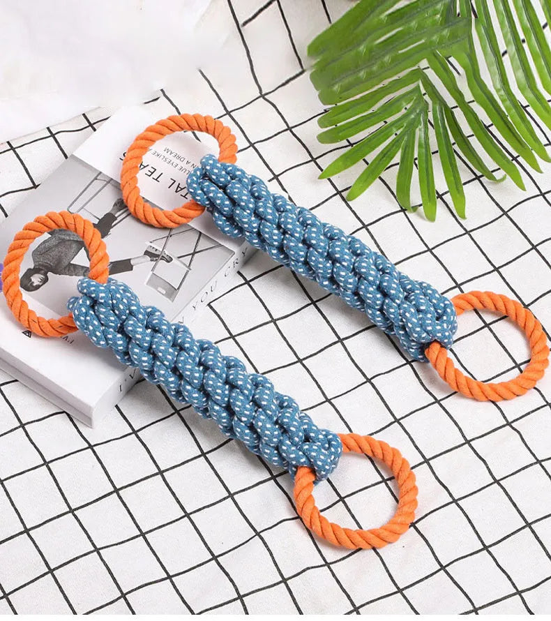 Blue braided bone rope dog toy with double rings for chewing and dental care