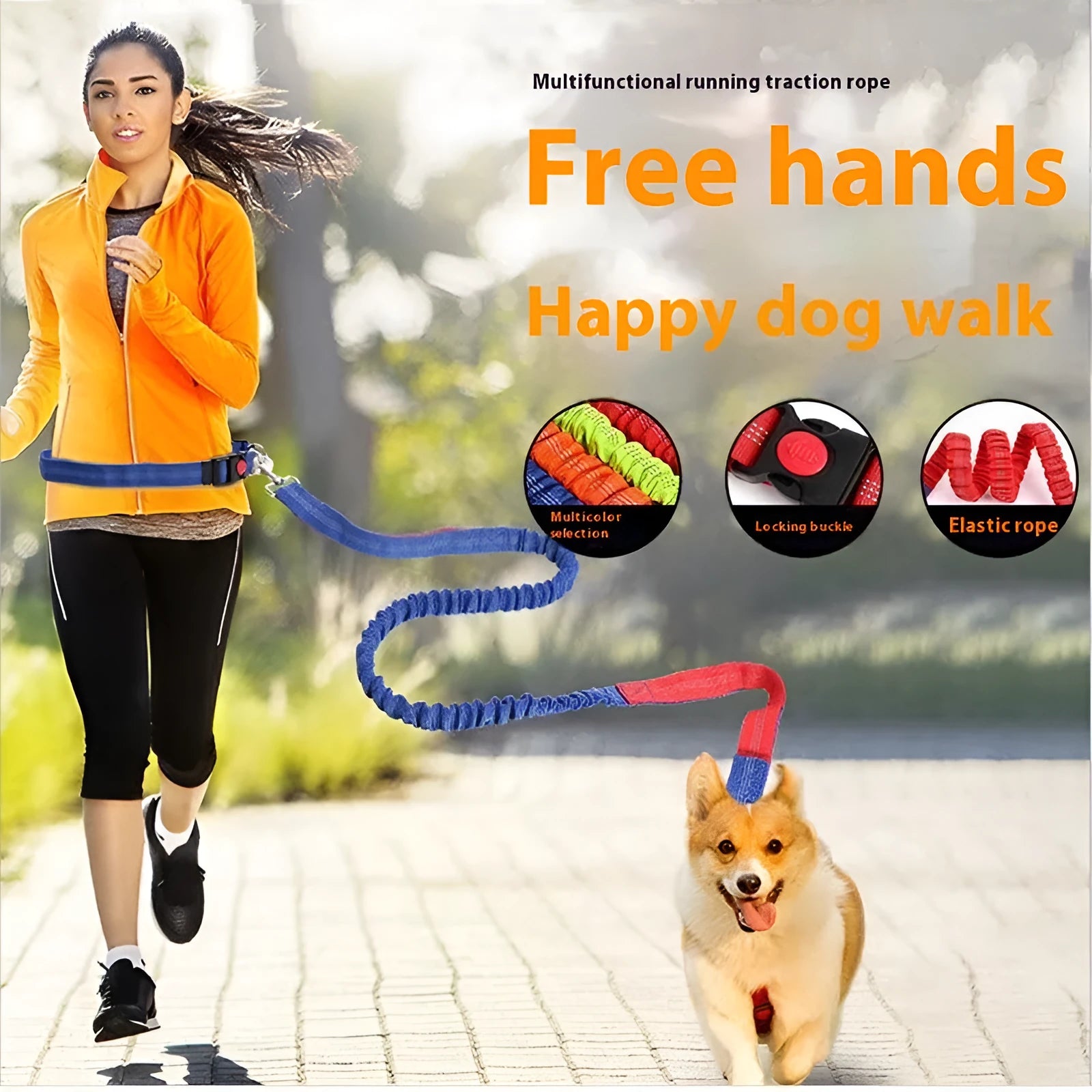 Grey and green hands-free running dog leash with reflective strips and elastic sling design
