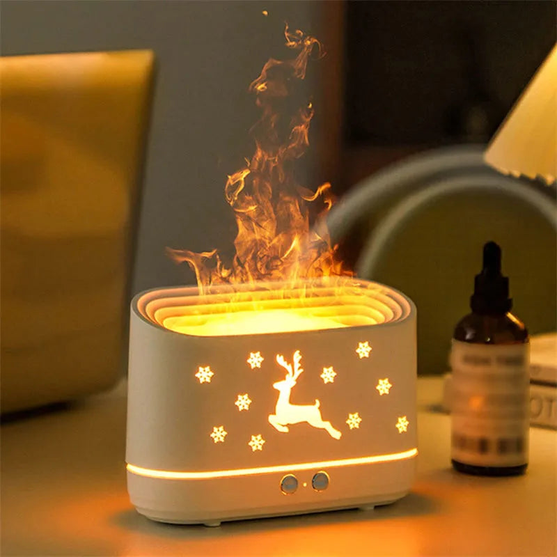 White round Elk flame effect humidifier diffuser with mist and LED light on a surface.