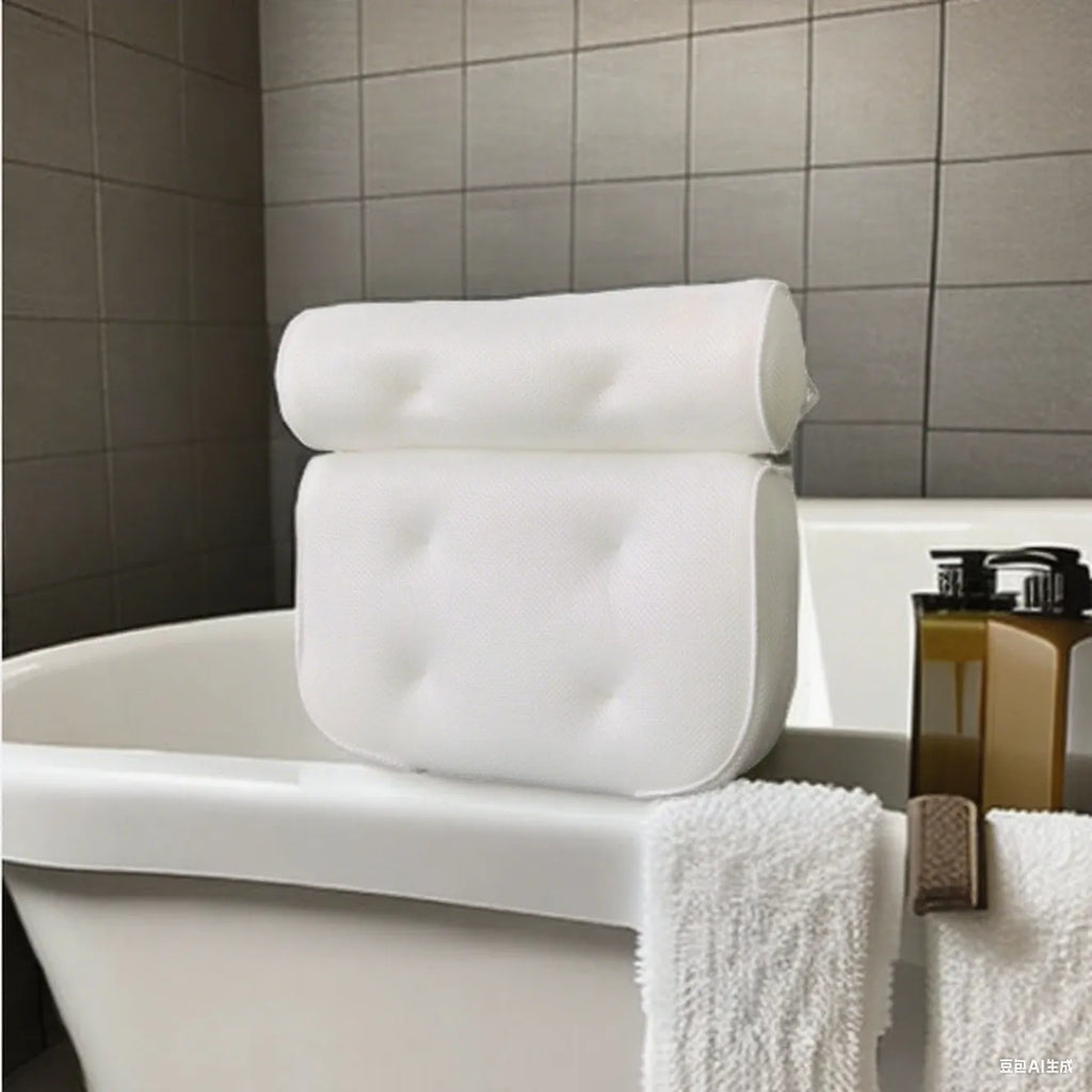 White luxury bathtub pillow with suction cups on a 4D mesh fabric surface.