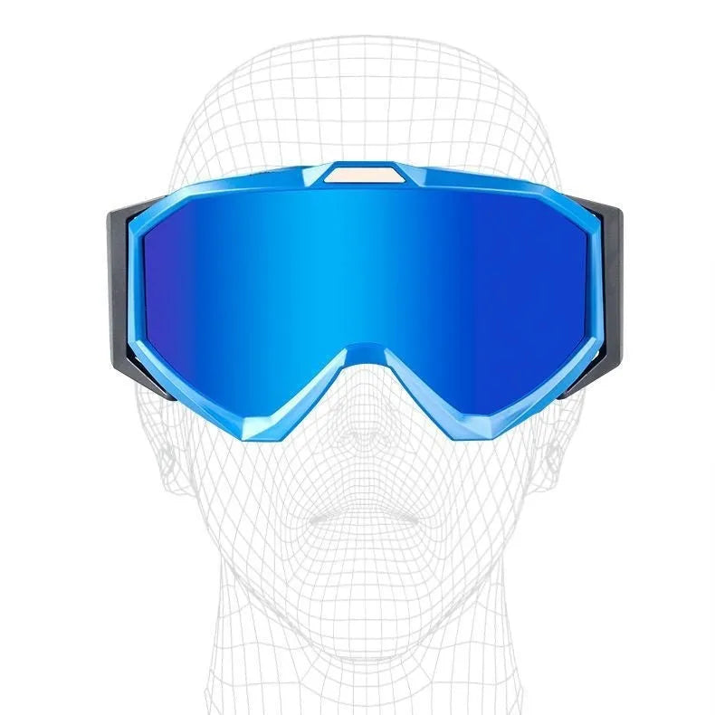 Motorcycle goggles with TPU frame and double-layer lens in assorted colours on a storage cloth bag.