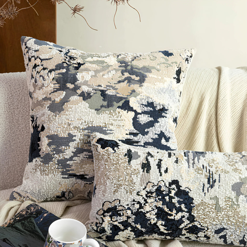 Antique blue wool blend decorative cushion with abstract flower and plant pattern, shown in square and rectangular sizes.