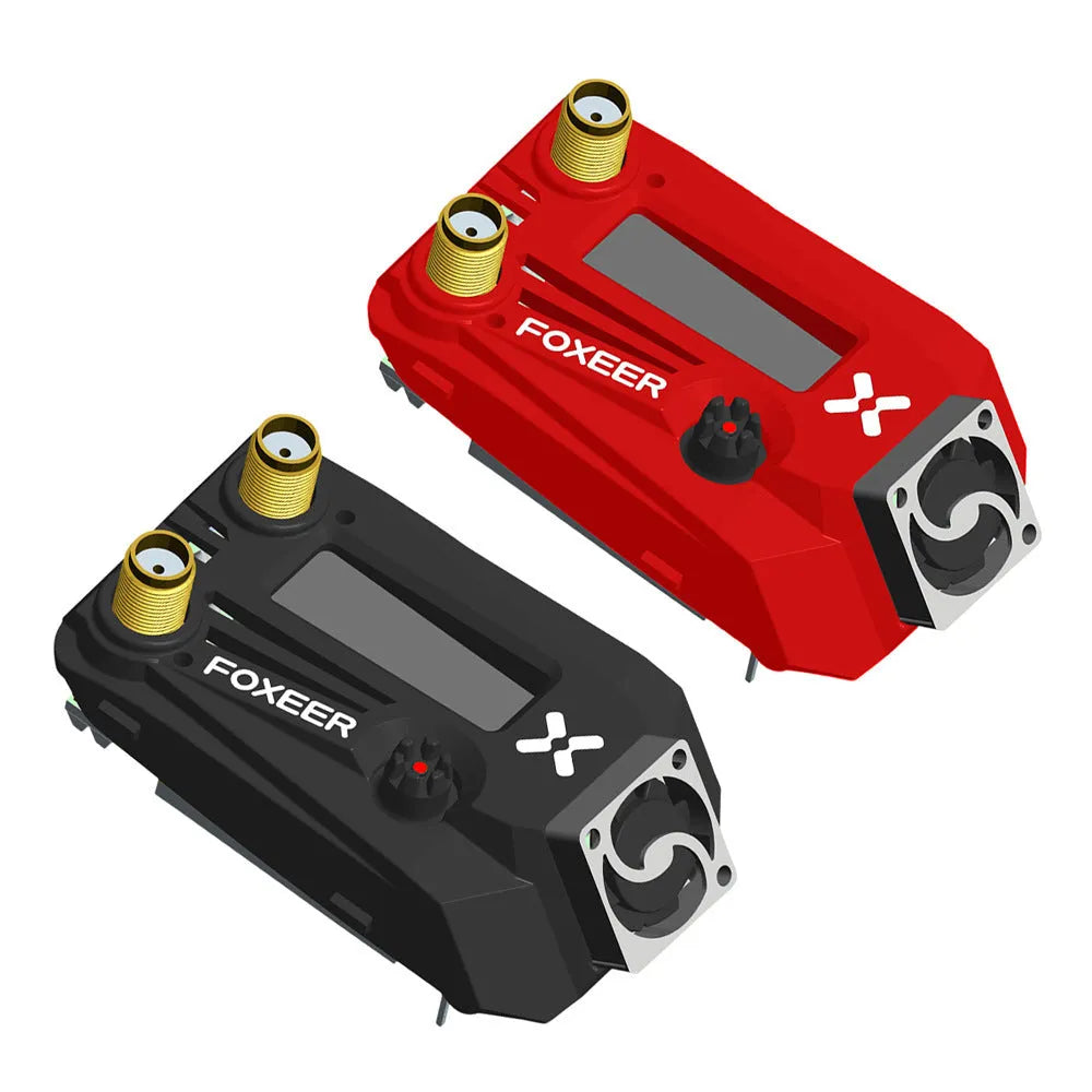 Wildfire Glasses black FPV dual diversity receiver module for Fatshark goggles, shown beside a battery.