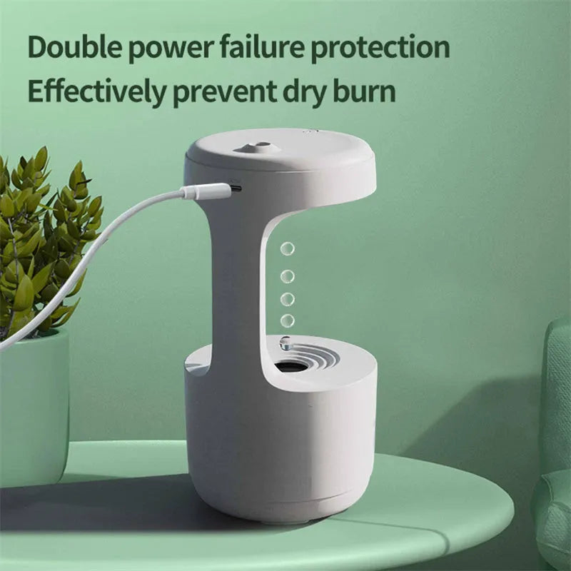 White columnar anti-gravity humidifier with LED clock display and water droplet backflow feature