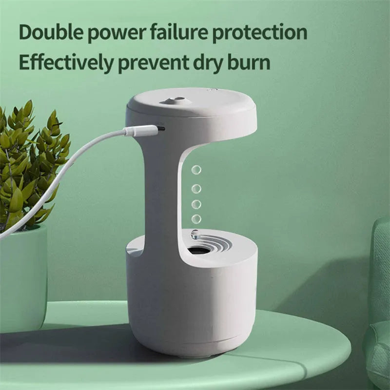 Bedroom anti-gravity humidifier with clock and backflow aroma diffuser in white plastic on desk with LED display