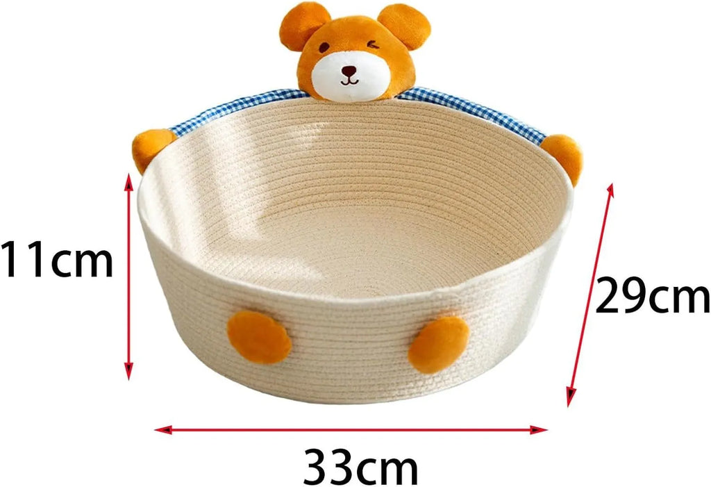 Woven cotton rope cat bed basket with integrated scratching pad in rabbit design