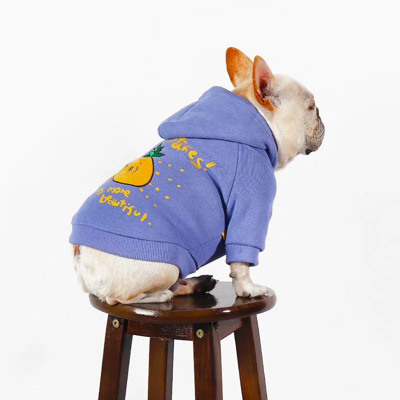 Blue and purple cotton dog hoodie with cartoon print in sizes L through 4XL