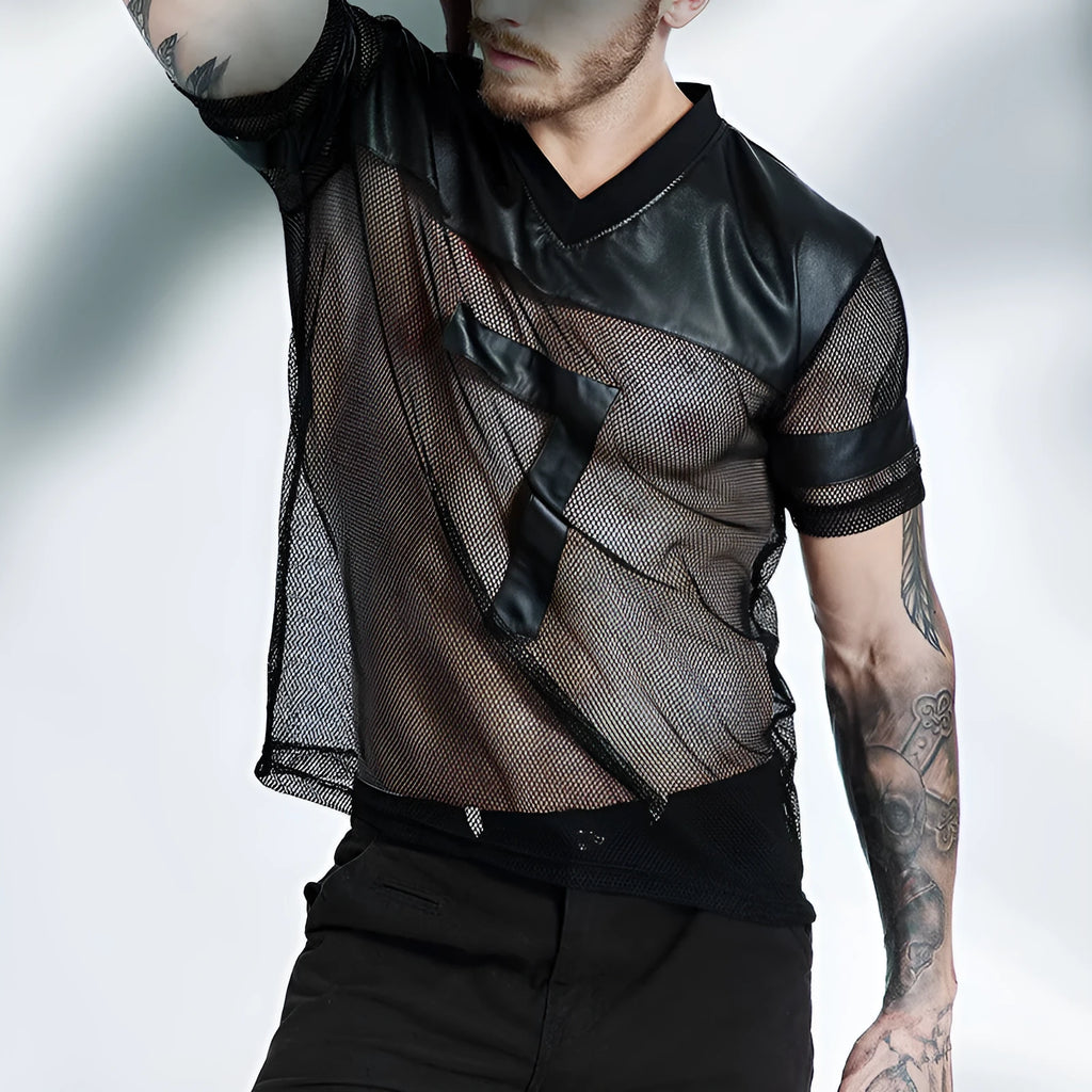 Black men's V-neck running T-shirt with stitching detail and breathable mesh polyester fabric