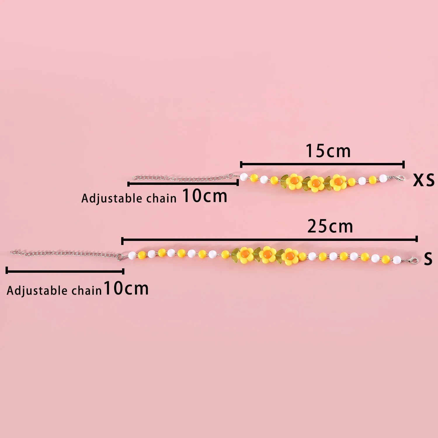Colourful plastic bead pet necklace for a cat, showing rainbow, peach, and small flower pattern options.