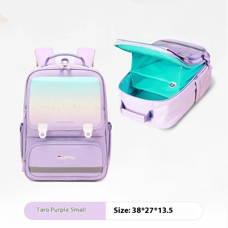 Primary school polyester backpack with burden reduction and spine protection, available in pink, red, purple and navy blue