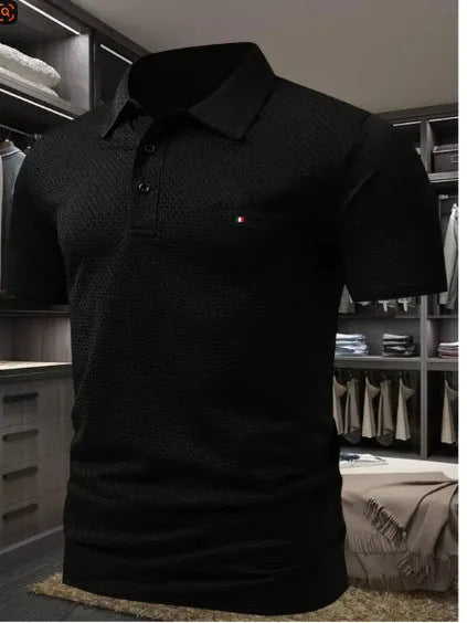 Men's light blue lapel collar polo shirt with short sleeves on a hanger.