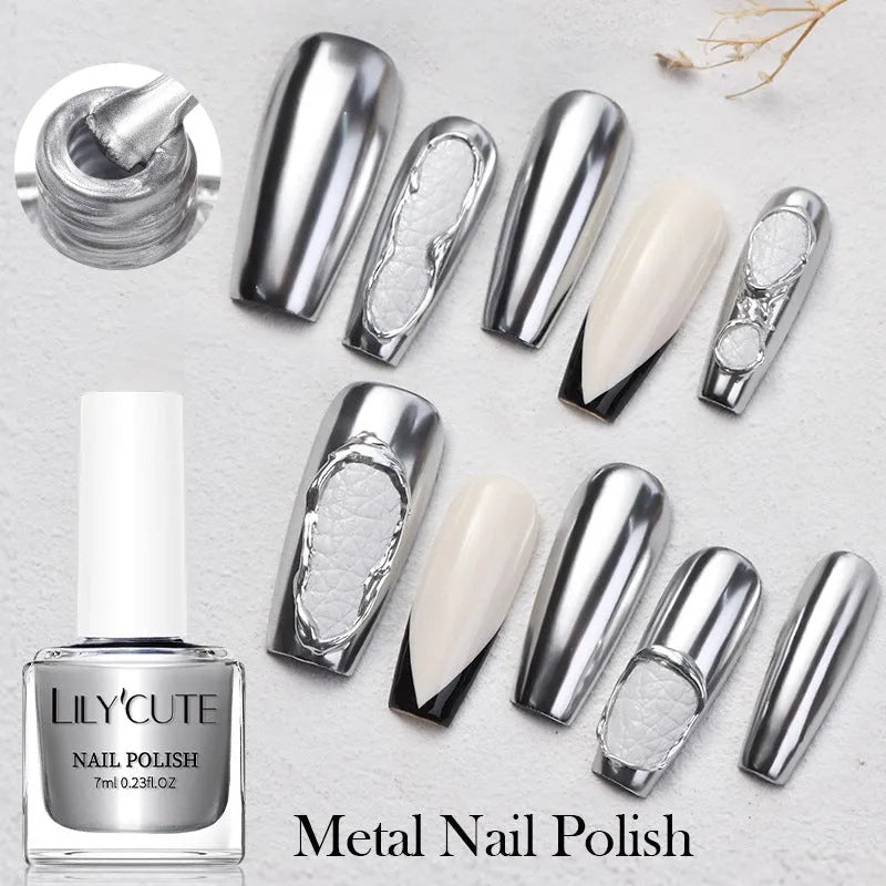 Quick-dry metallic mirror nail polish bottle in a shiny silver shade, 7ml, oily no-bake formula