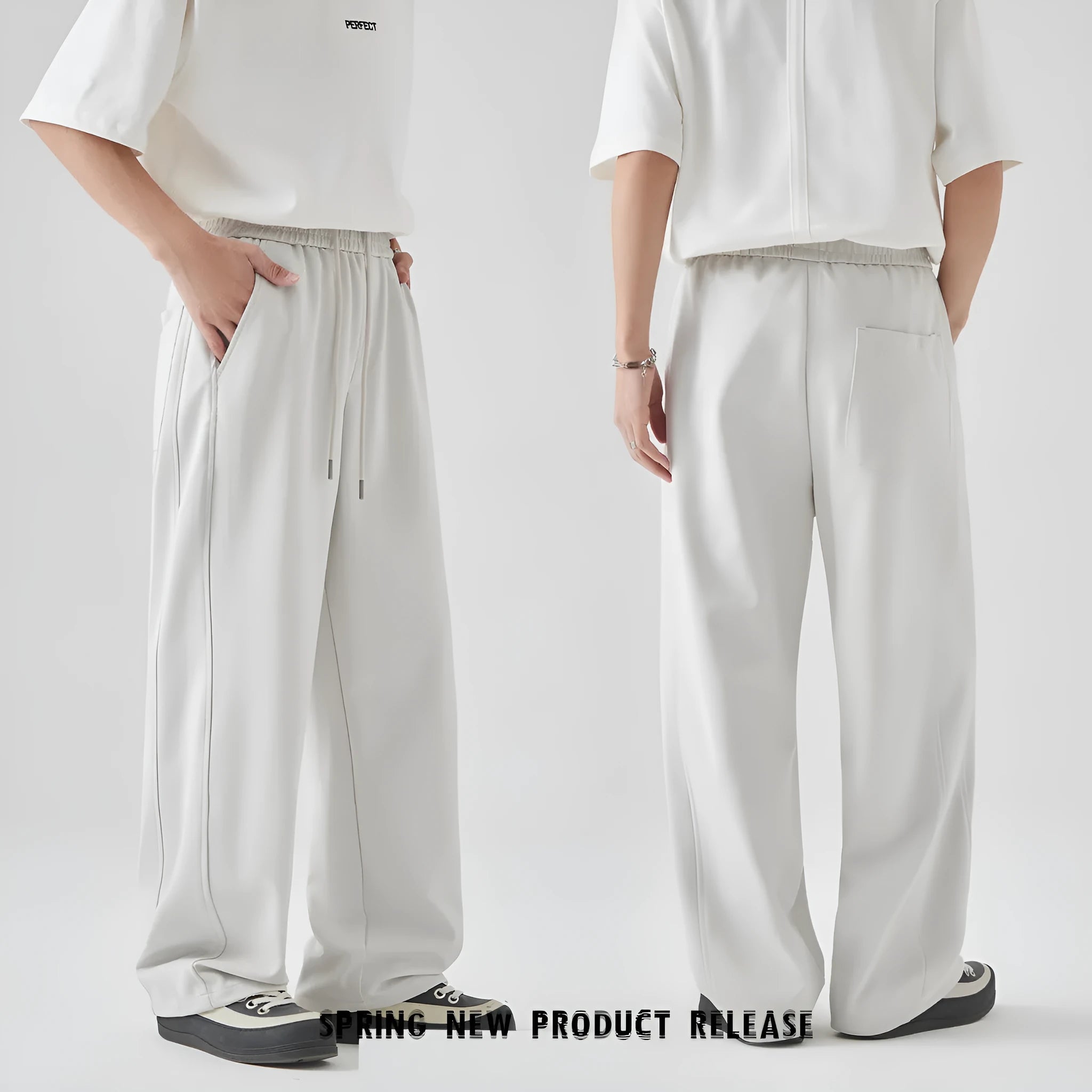 Men's cotton blend summer casual pants in straight-leg design with lace-up waist closure