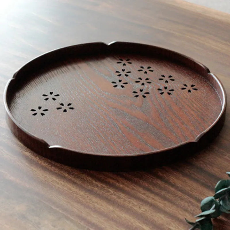Wooden hollow sakura pattern shallow dessert plate measuring 30cm diameter