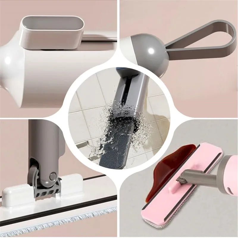Rotatable self-squeeze flat mop with microfiber pads in grey, pink, or white.