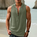 Men's sleeveless casual shirt in cotton linen blend showing non-ironing treatment and colour options
