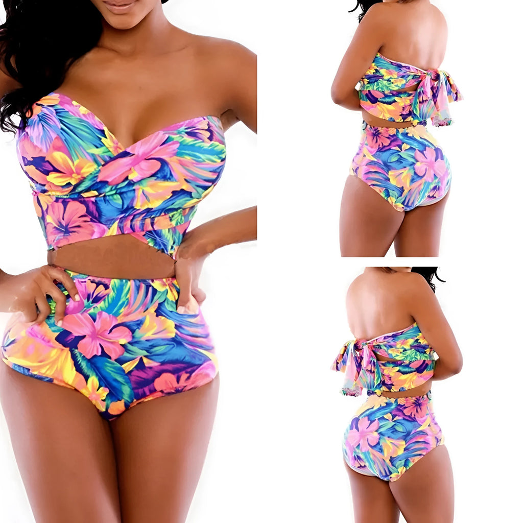 Red printed two-piece swimsuit with chest wrap top and matching bottom