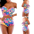 Red printed two-piece swimsuit with chest wrap top and matching bottom