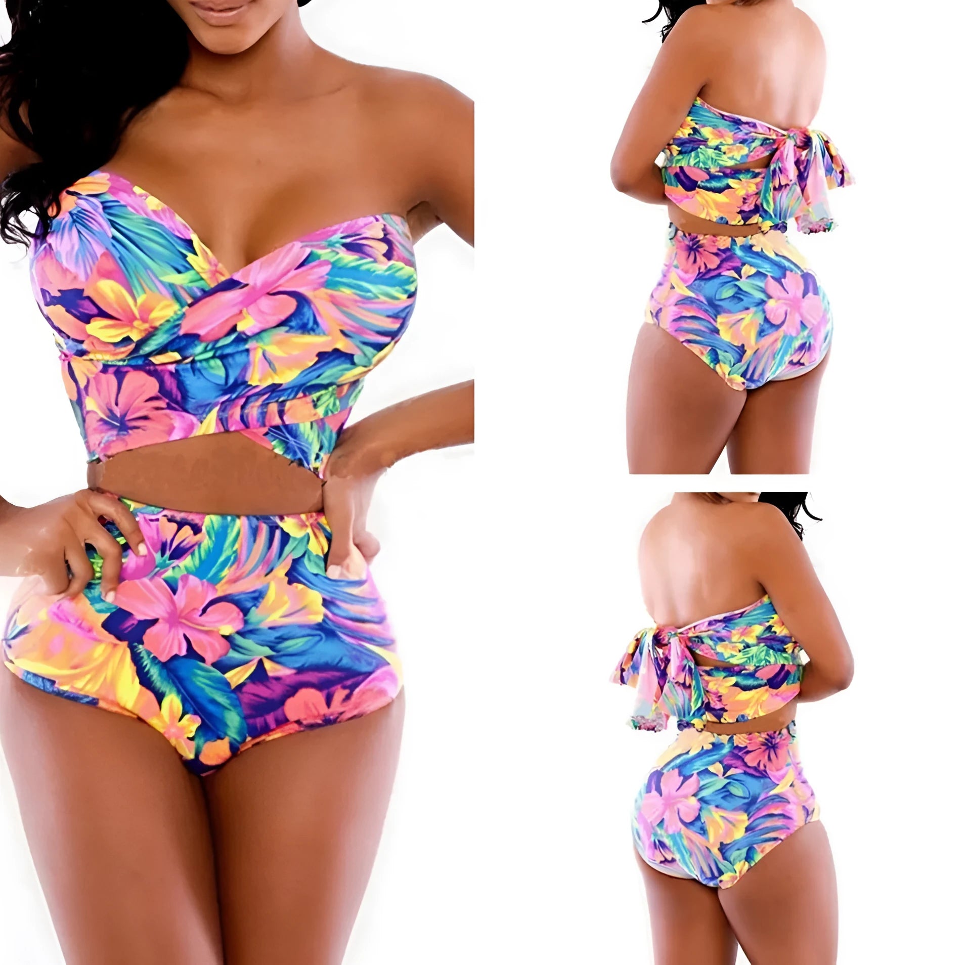 Red printed two-piece swimsuit with chest wrap top and matching bottom