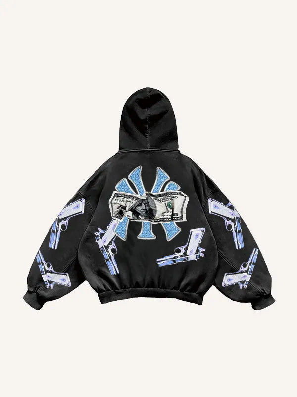 Printed polyester sweater in black, blue, pink, or white, sizes XS to 3XL