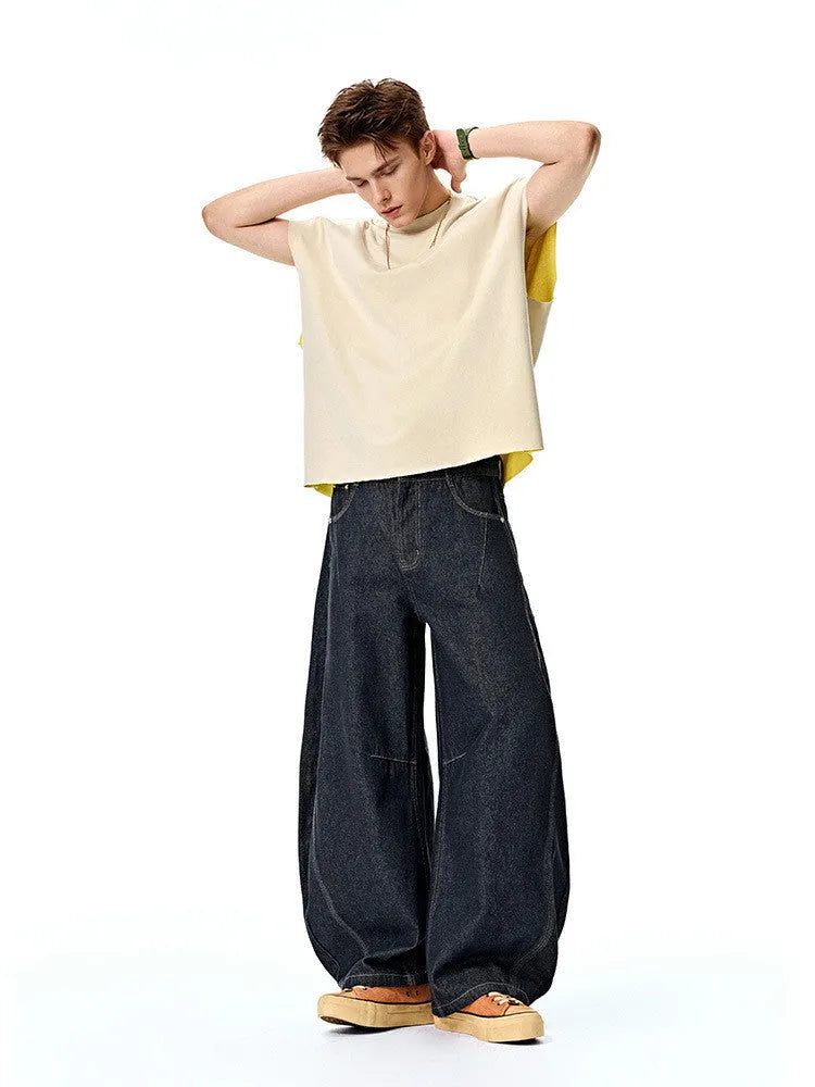 Men's wide-leg denim trousers in original cow colour cotton fabric showing American casual styling