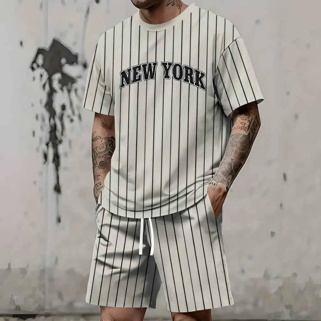 Men's 3D printed sports suit set with short sleeve top and matching shorts in polyester fabric
