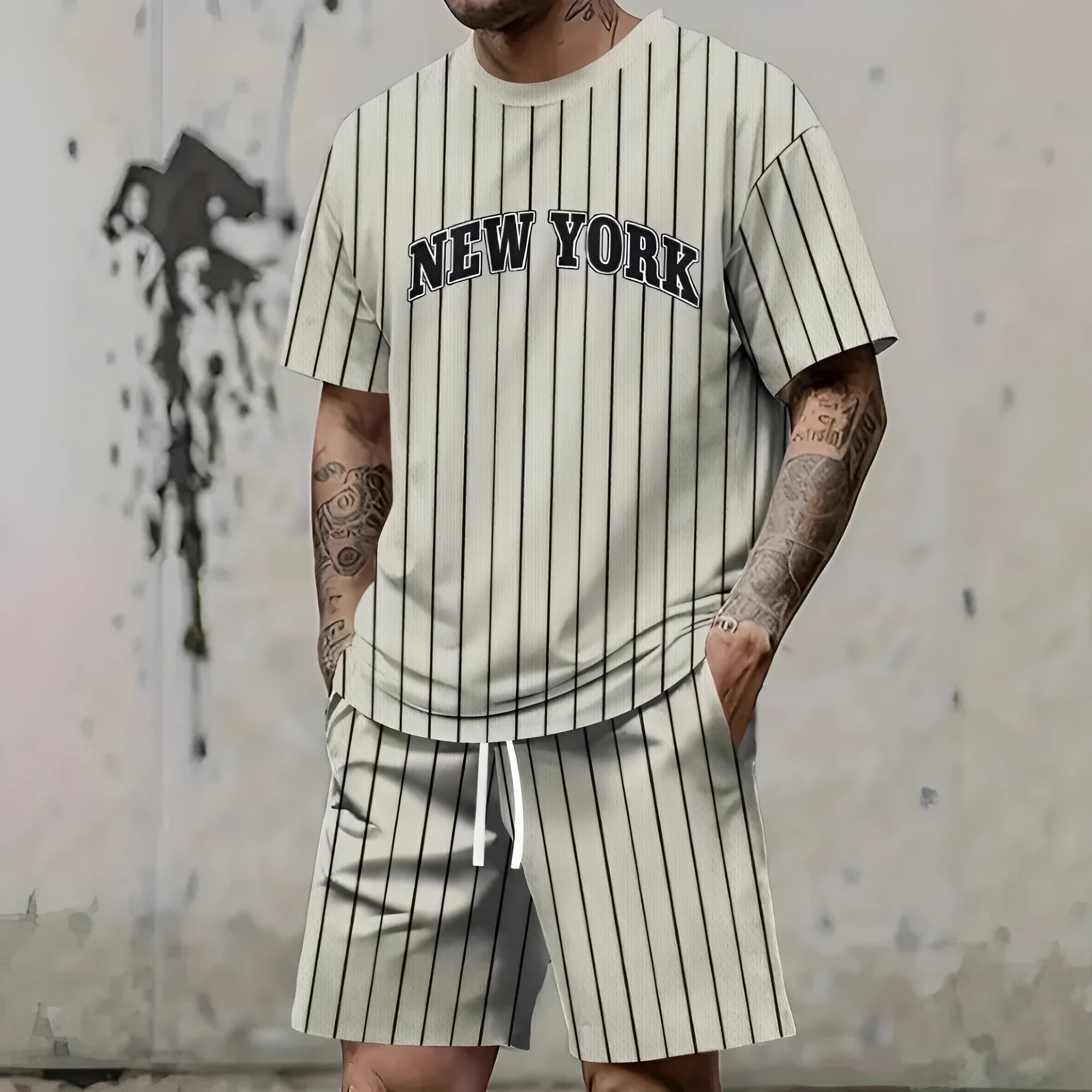 Men's 3D printed sports suit set with short sleeve top and matching shorts in polyester fabric