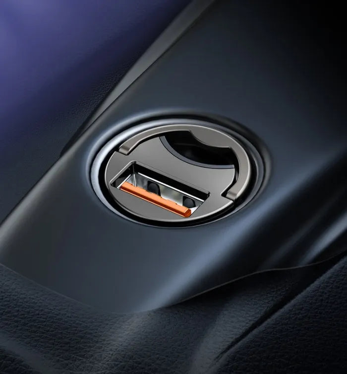 Baseus electro-optical grey mini car charger with single USB port and 1 metre cable.