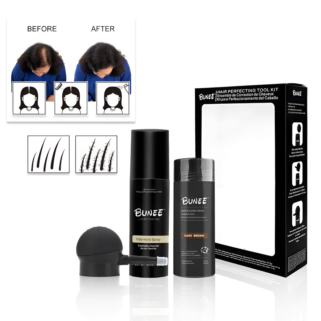Dense hair fibre powder 275g canister with specialised nozzle and shaping spray bottle for hair thickening