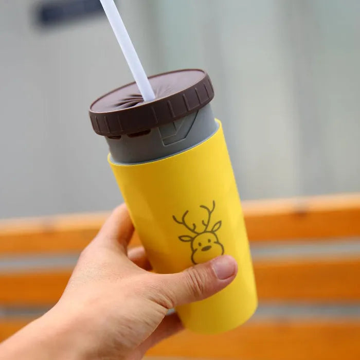 Twist-top double-walled insulated travel cup with cartoon design and silicone seal, 300ml capacity