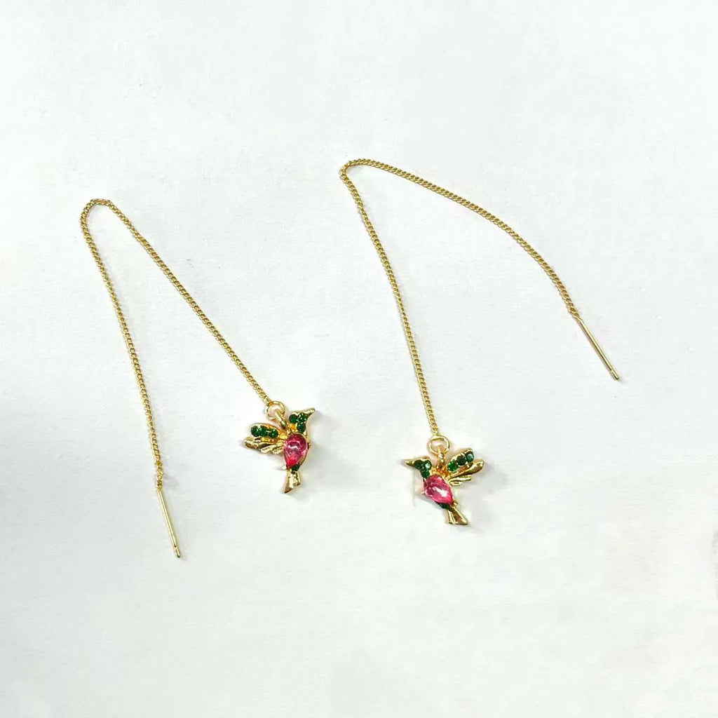 Long hanging bird earrings for women with alloy construction and mixed zirconium wings in red, blue, or red lvzuan.