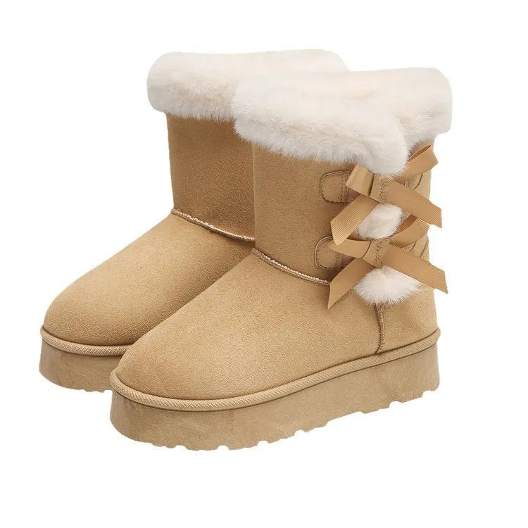 Women's black suede fleece lined ankle boots with bow, side view showing high-top shaft