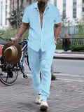 Men's casual short sleeve shirt and trousers beach suit set in cotton blend fabric