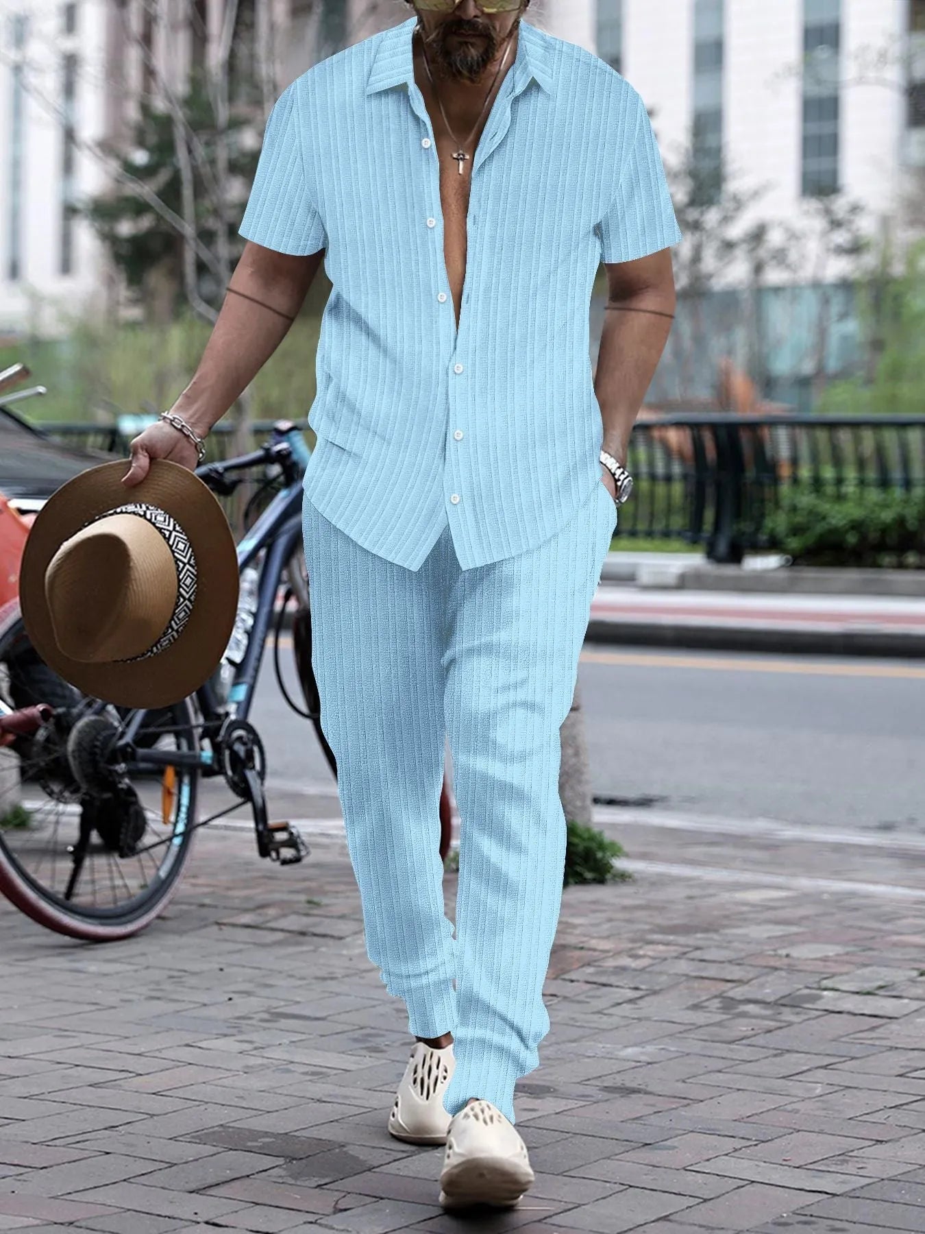 Men's casual short sleeve shirt and trousers beach suit set in cotton blend fabric